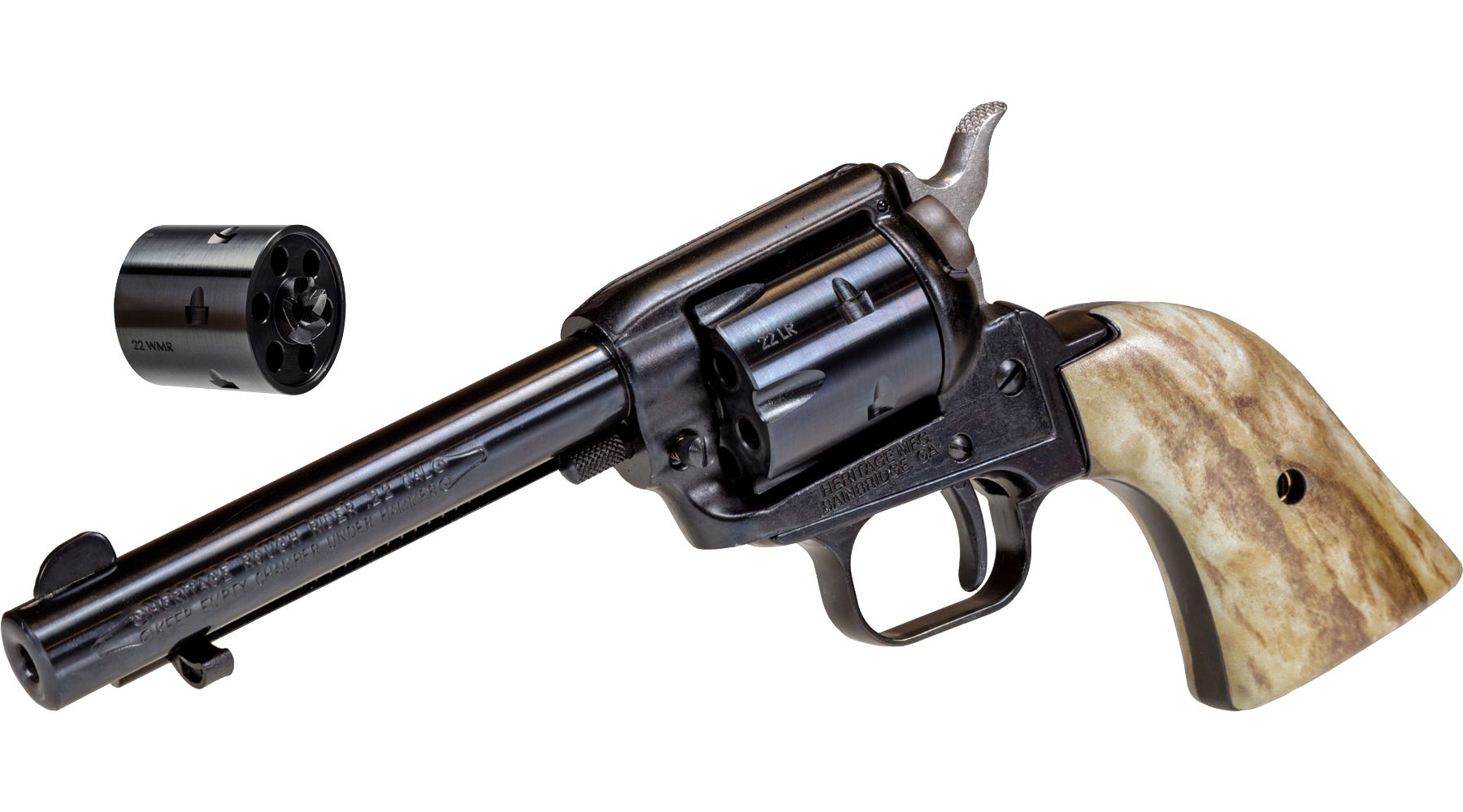 4.75" Rough Rider® .22 LR / .22 WMR Two Cylinders Combo, Black Standard, Stag Grips